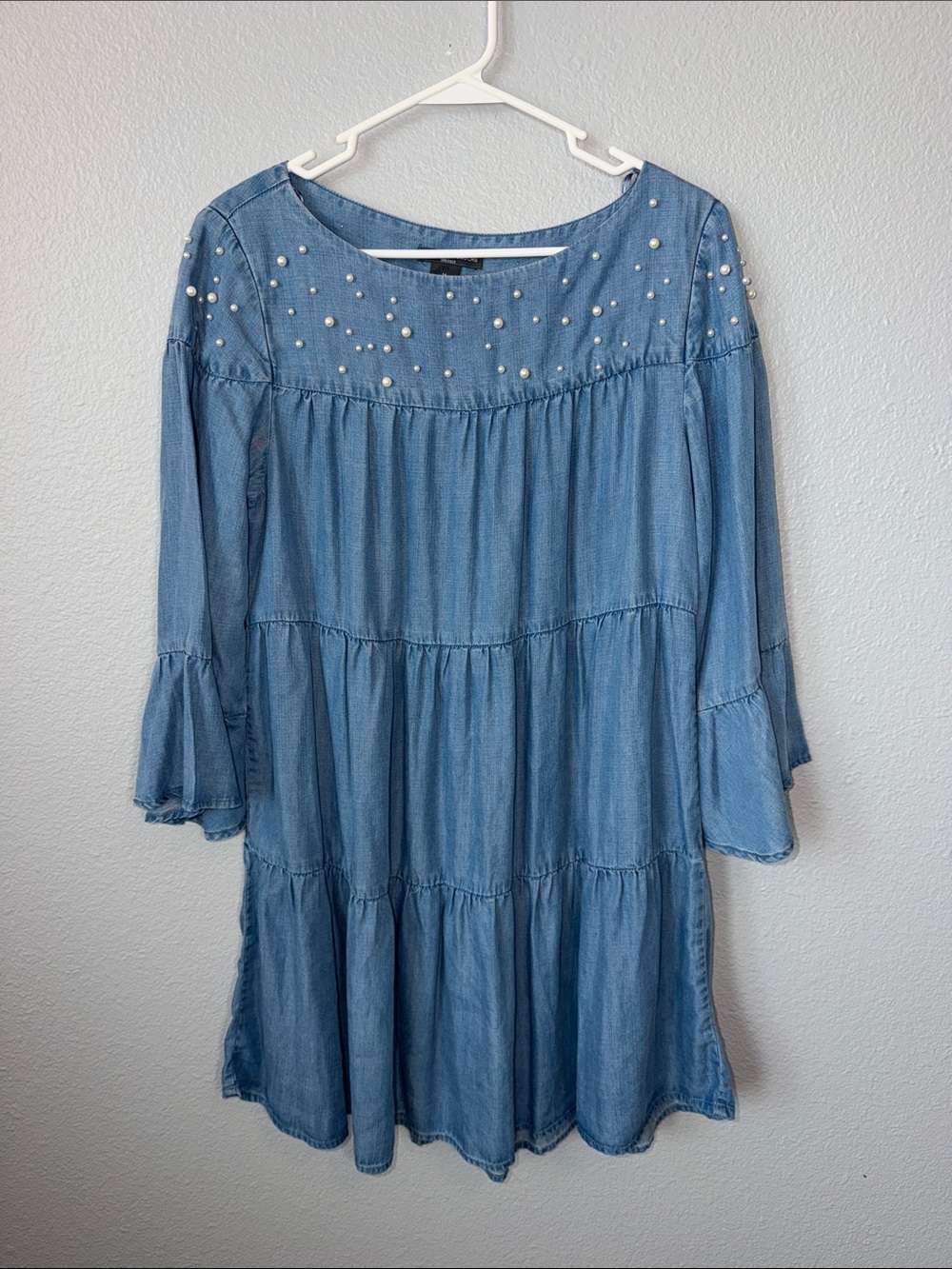 Chelsea & Theodore Light Wash Denim Pearl-Embellished  Dress